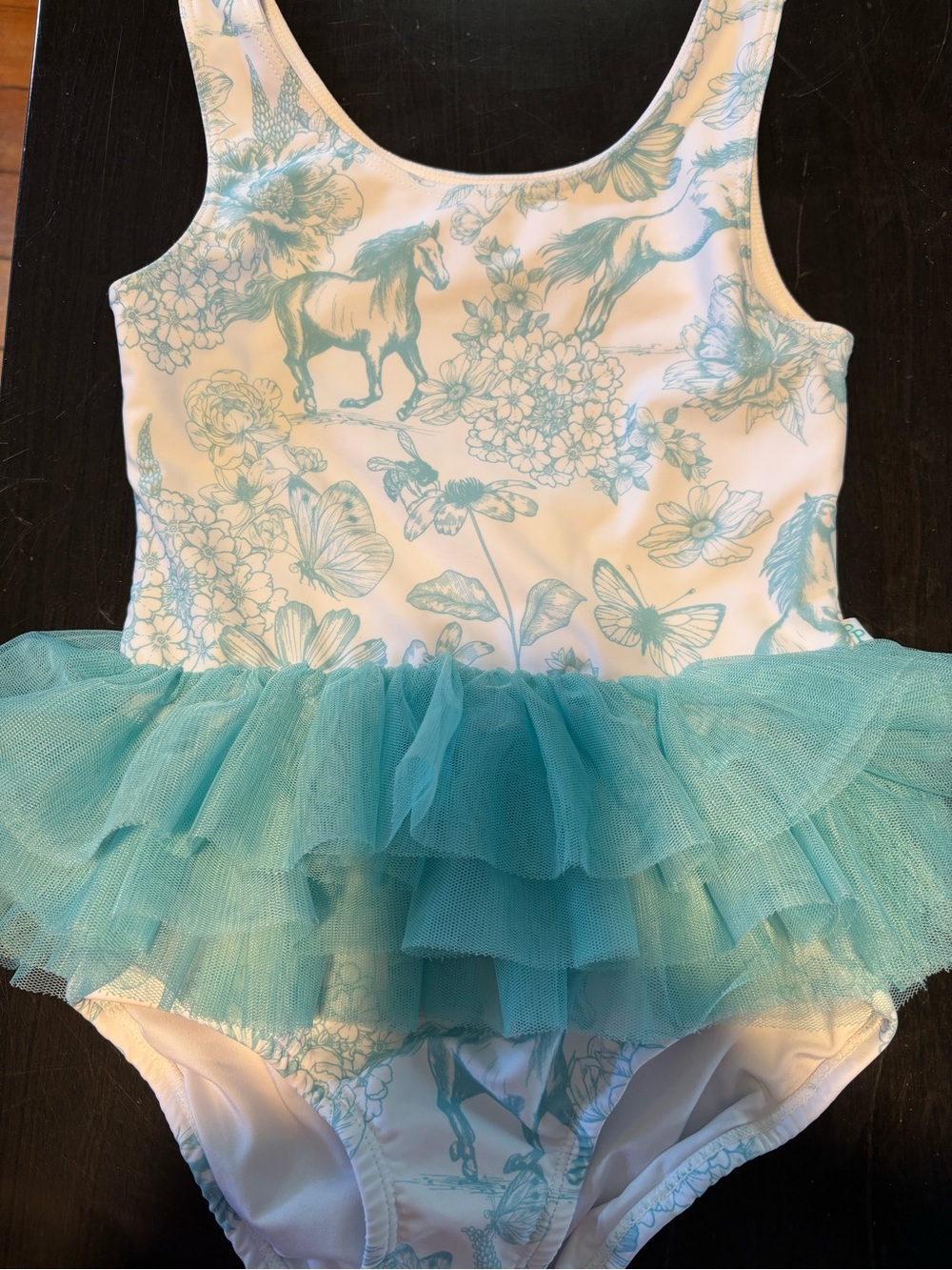 Posh Peanut Teal Floral & Horse One-Piece Tutu Swimsuit. Runs Small.